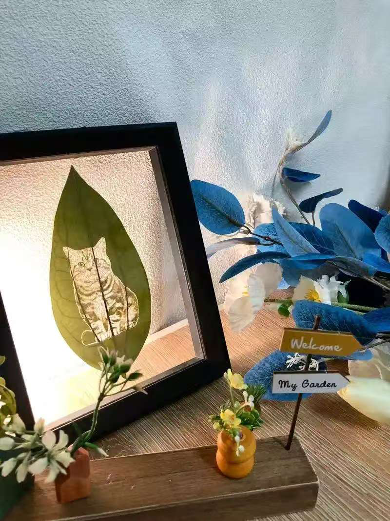 Custom leaf carving pet portrait from China, eco memorial gift, ships in 12-16 days